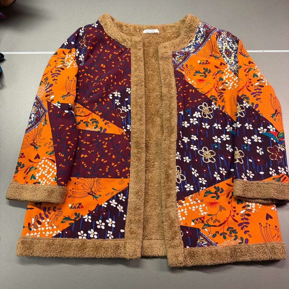 Vintage Cellabie Size‎ L Inspired Patchwork Faux Fur Jacket Colorful Boho Hippie